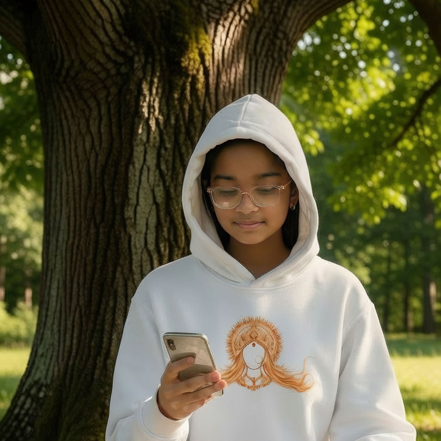 Person sitting under a tree, wearing a white hoodie with a design, holding a phone.